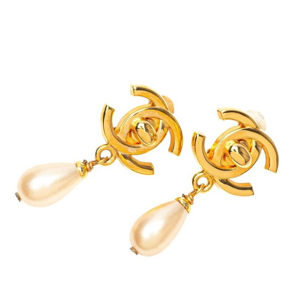 CHANEL Vintage Gold Pearl Logo Earrings - Picture 1 of 4